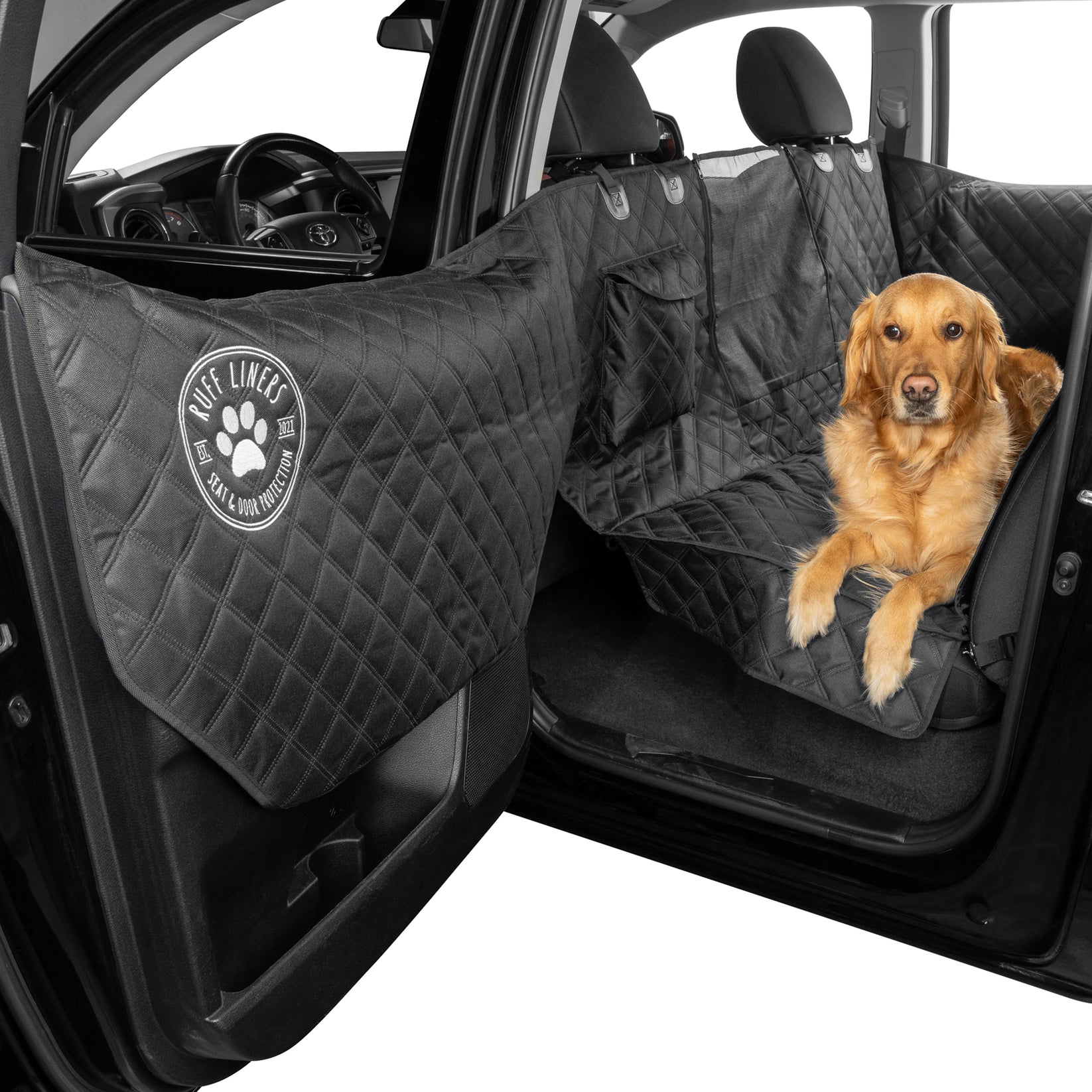 Ruff Liners hard-bottom dog seat cover in a truck backseat